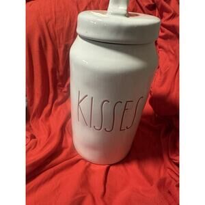Rae Dunn CLASSIC KISSES Canister Farmhouse White With Red Letters 9.5“ Tall